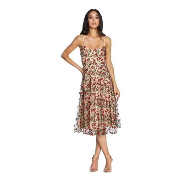 NWT DRESS THE POPULATION Janice Romantic Nude Floral Embroidered Midi Dress XS - Picture 6 of 16